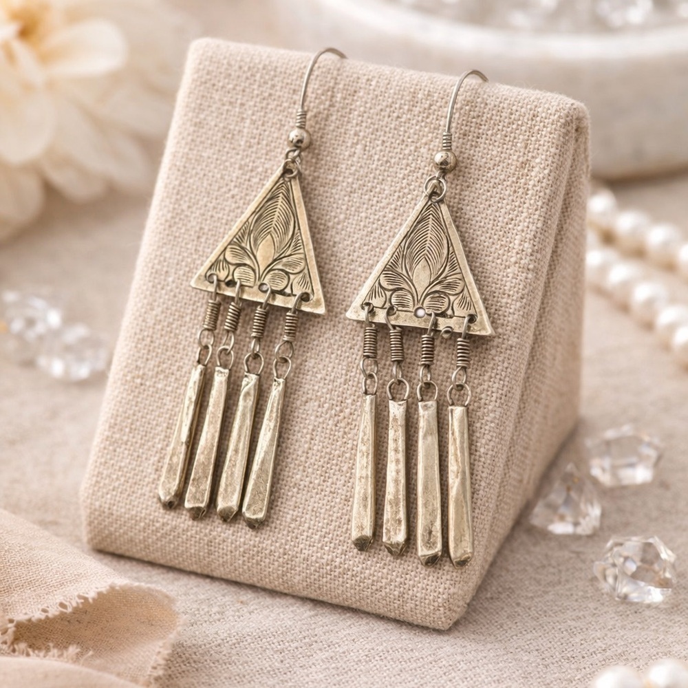 Vintage Silver Tone Embossed Long Dangle Fringe Pierced Earrings 3 1/4"